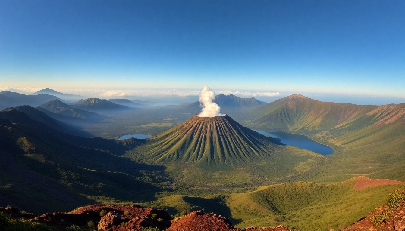 Stunning sunrise over Mount Rinjani’s active volcano with lush forests and scenic views, perfect for trekking enthusiasts.