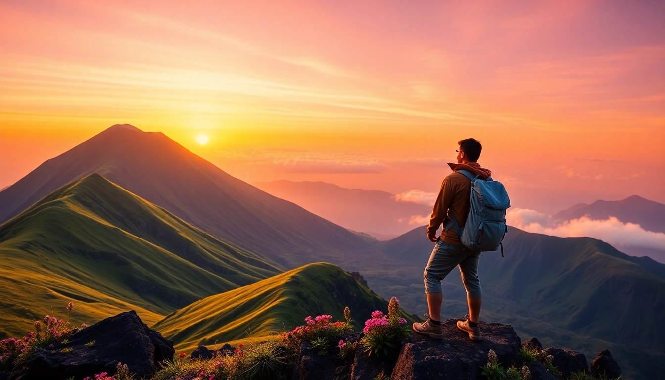 Hiker overlooking Mount Rinjani at sunrise with lush green slopes and vibrant sky.