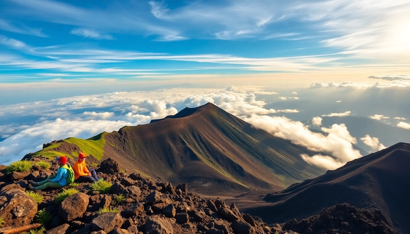 Hikers at Mount Rinjani's summit during sunrise with lush green crater rim and volcanic landscape