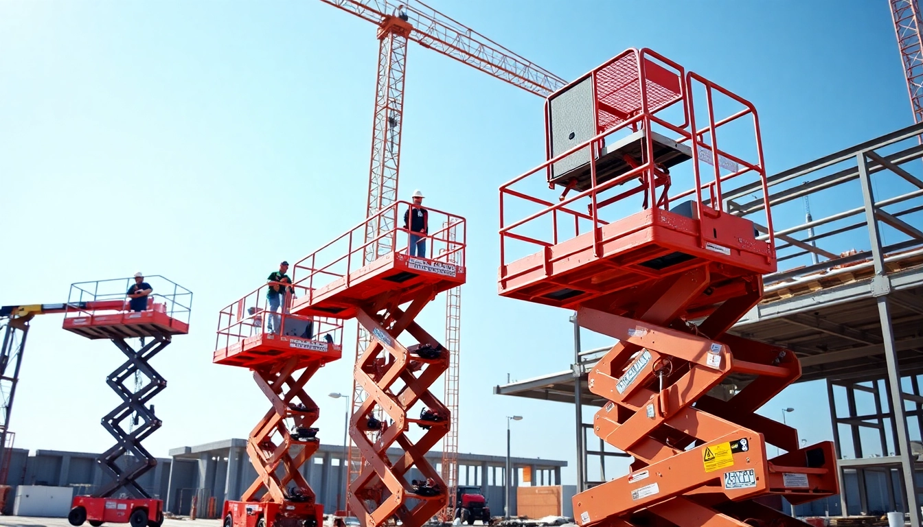 Aerial work platforms rental featuring dynamic lifts in operation at a professional construction site, emphasizing safety, versatility, and accessibility for height work tasks.