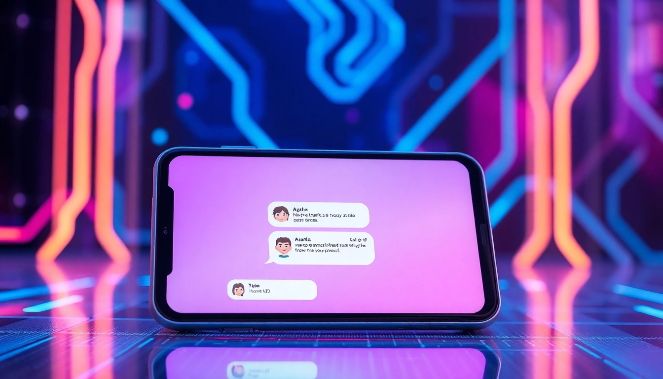 An illustration of a futuristic AI chatbot interface on a sleek device in a high-tech environment with neon accents and digital patterns.