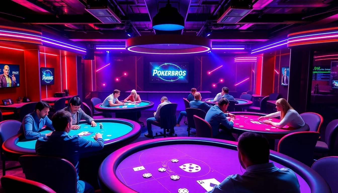 Engaging scene of Pokerbros clubs with players enjoying fast-paced online poker action and vibrant club visuals to attract enthusiasts and new players.