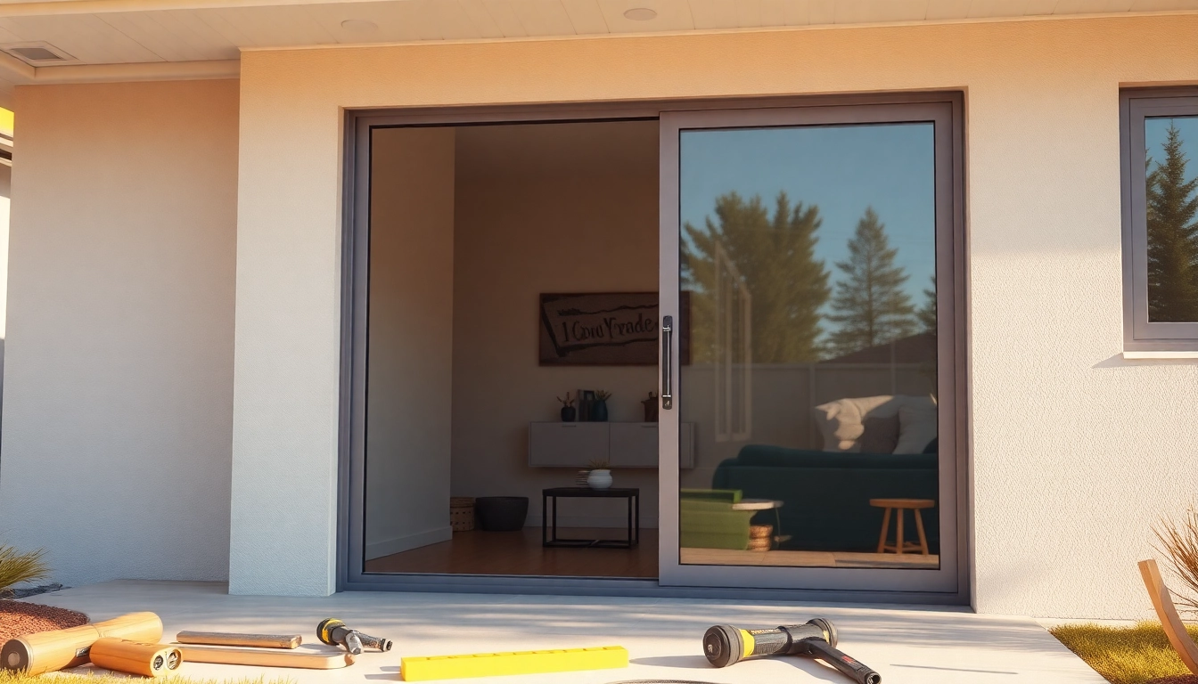 Replace a sliding glass door: installer fits energy-efficient unit in bright living room.