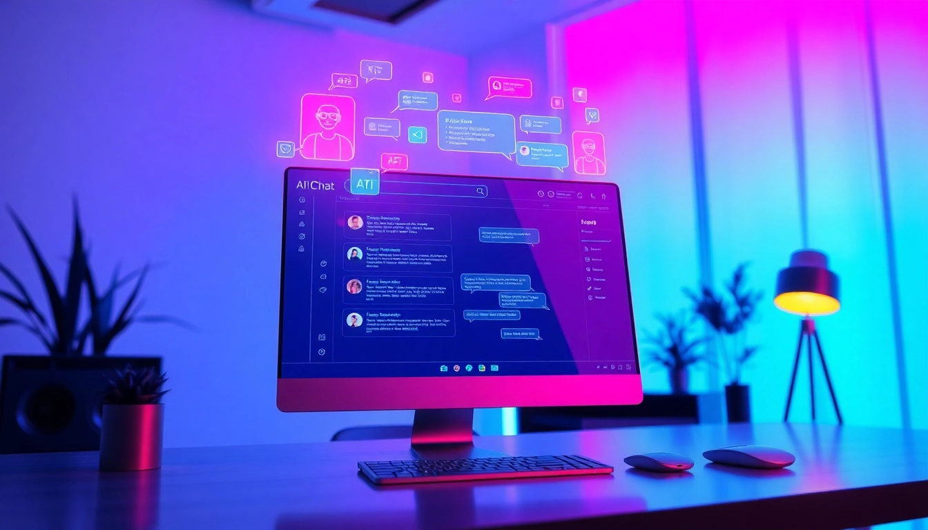Futuristic digital interface of an AI chatbot platform with holographic elements in a modern workspace.