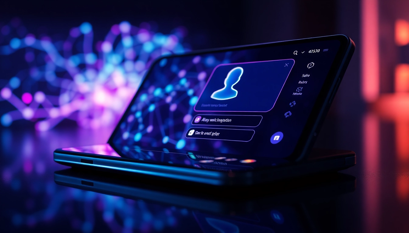 Futuristic AI chat interface with glowing neural network patterns on a modern device screen.