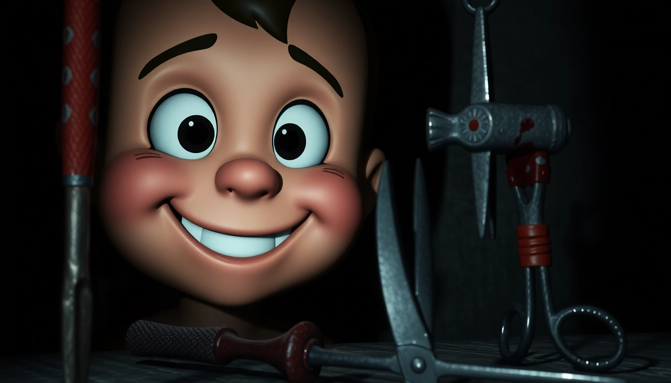 Harvey, a cheerful cartoon character, with a distressed expression, surrounded by violent tools in a dark, gritty setting.