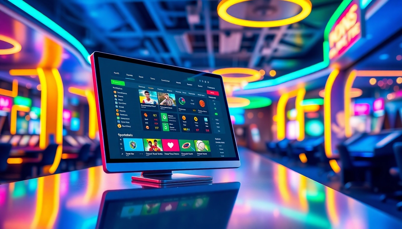 Digital sportsbook interface with sports betting options and vibrant neon lights.