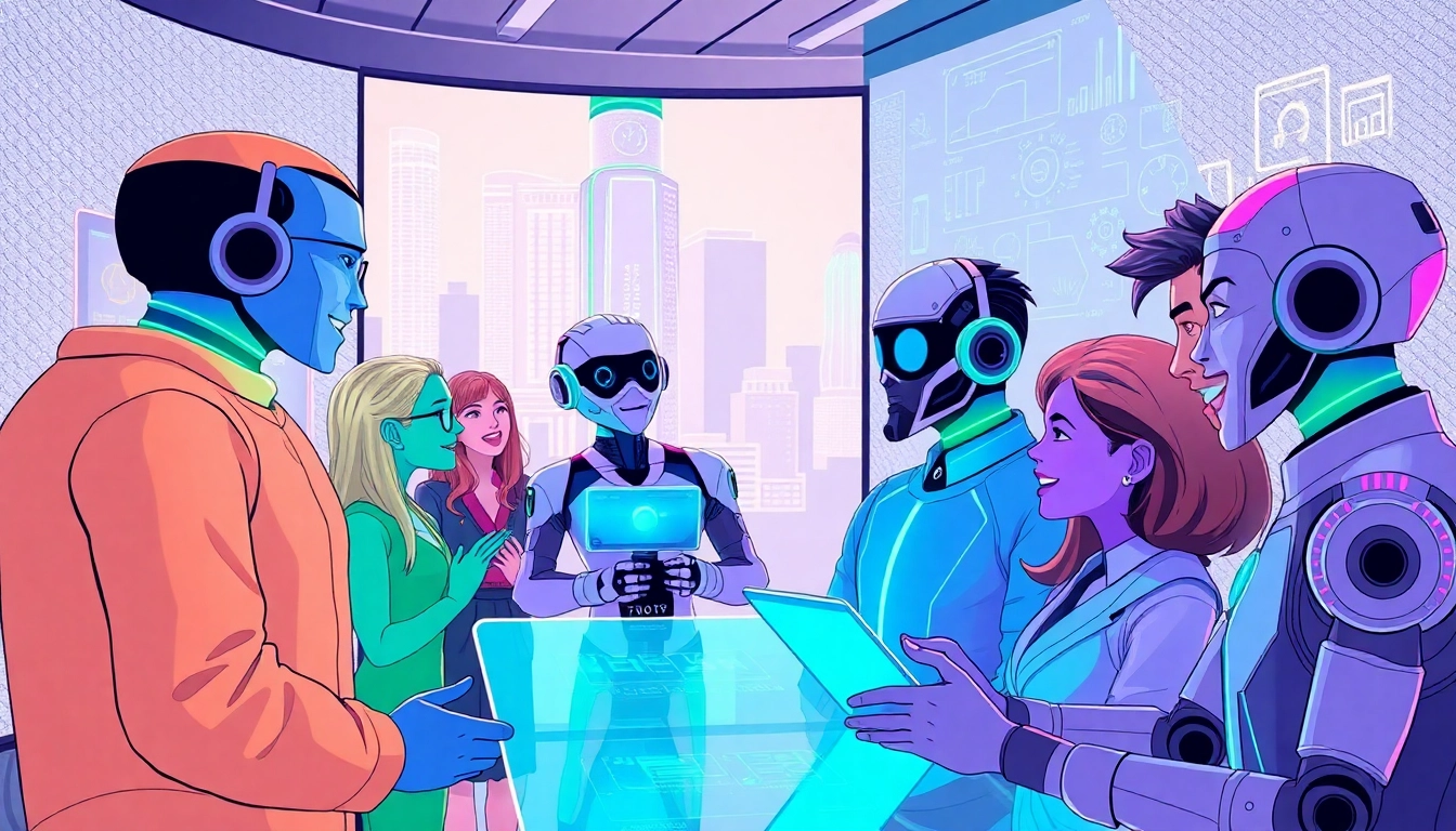 Futuristic digital environment with diverse AI characters interacting amidst glowing interfaces and cityscape