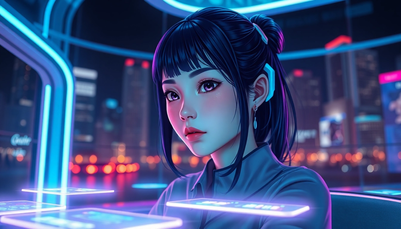 Futuristic female avatar in a neon-lit virtual environment with holographic interfaces and cityscape background.