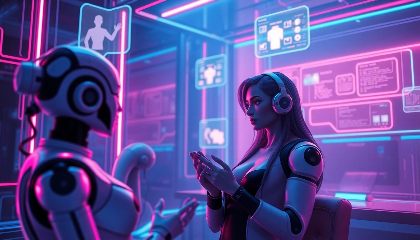Futuristic digital chat environment with glowing holographic AI characters in a neon-lit virtual space.