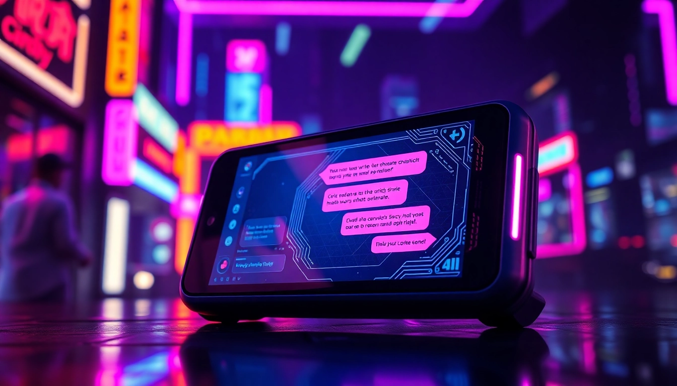 Futuristic chatbot interface on a high-tech device with neon lighting and digital patterns