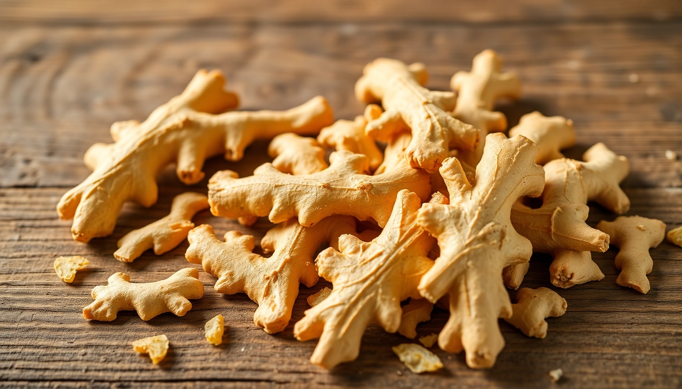 Premium dry ginger roots displayed for export quality at a spice manufacturing facility